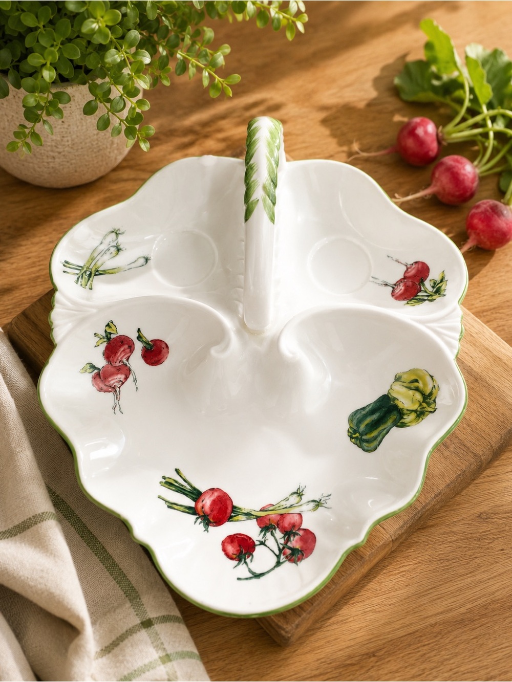White Ceramic Divided Serving Tray with Green Trim and Vegetable Motif